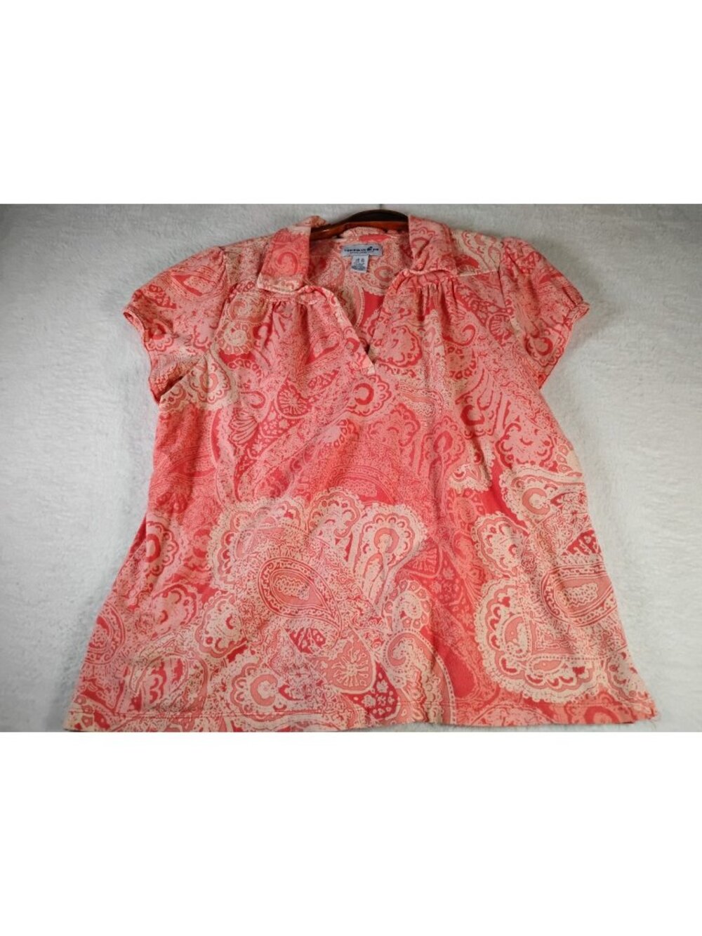 Caribbean Joe Womens Top V-Neck Stretch Floral Casual Short Sleeve Size XL Coral